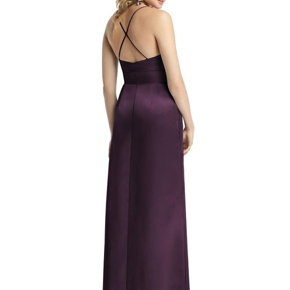 After Six 1521...Pleated Skirt Satin Maxi Dress with Pockets..Aubergine..Size 8 - Picture 2 of 6